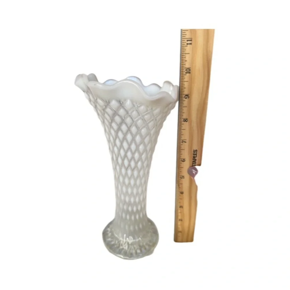 Northwood Glass Diamond Point EAPG Swung Ruffled Vase, Opalescent White ca. 1900